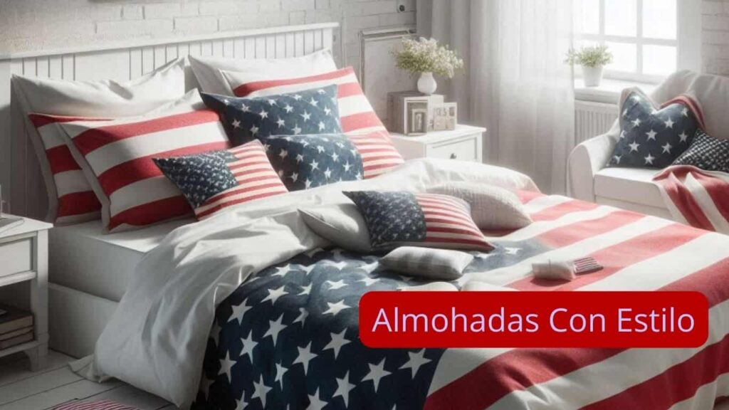 una cama con almohadas y un cubrecama con la bandera de estados unidos